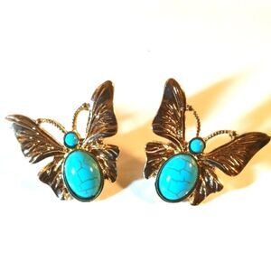 Gold Tone Turquoise Butterfly Post Earrings